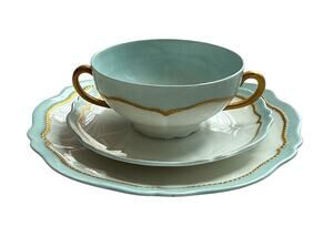 Antique O&EG Royal Austria 3 Pc Bouillon Cup Saucer Plate Blue Gold Gilt c1908